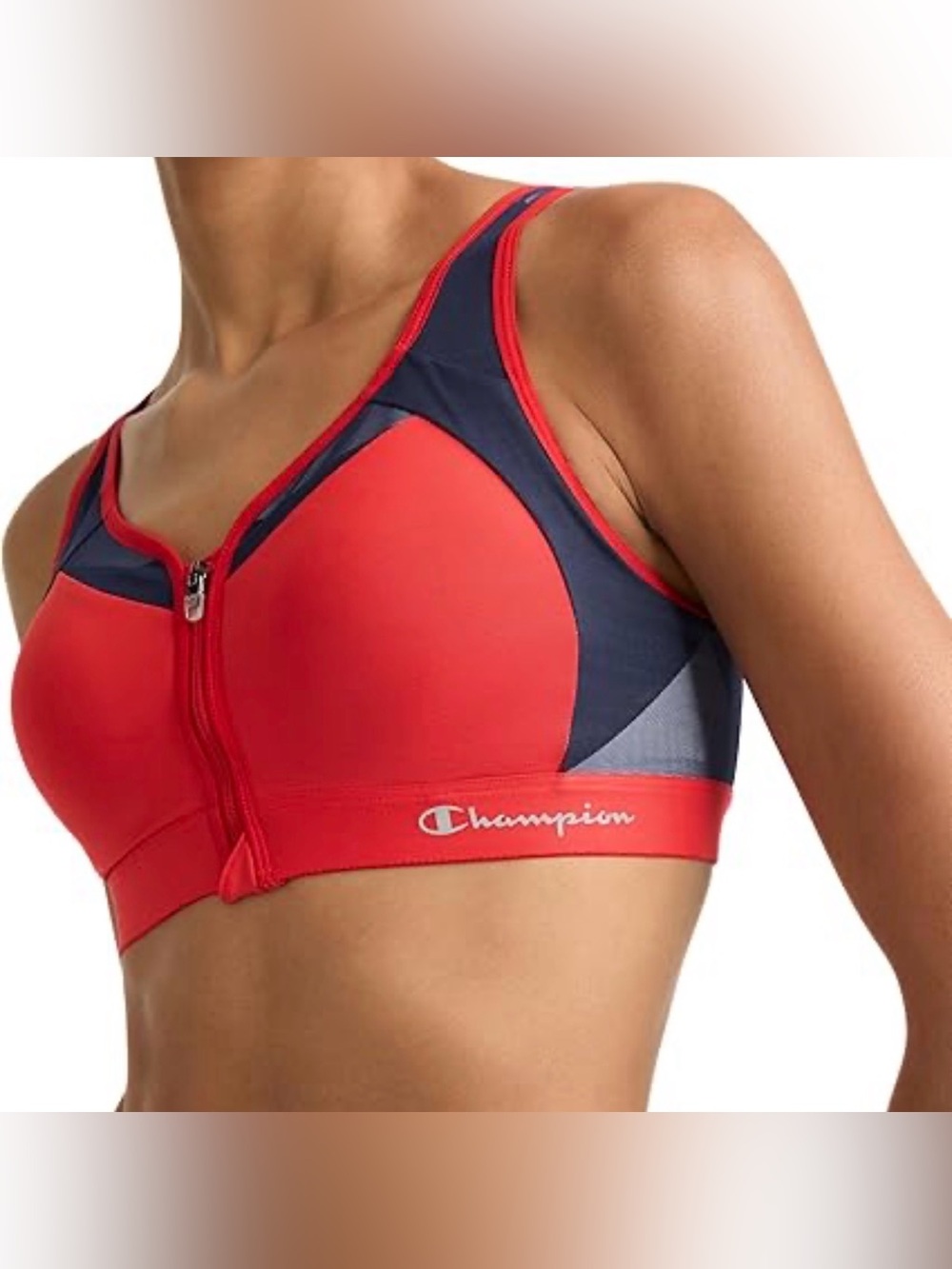 Champion Red and Navy Front-Zip High-Support Sports Bra